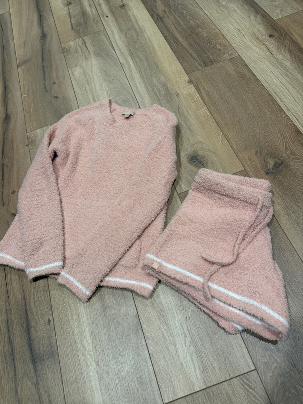 Barefoot Dreams Pink Plush Kids Pajama Set with White Trim
